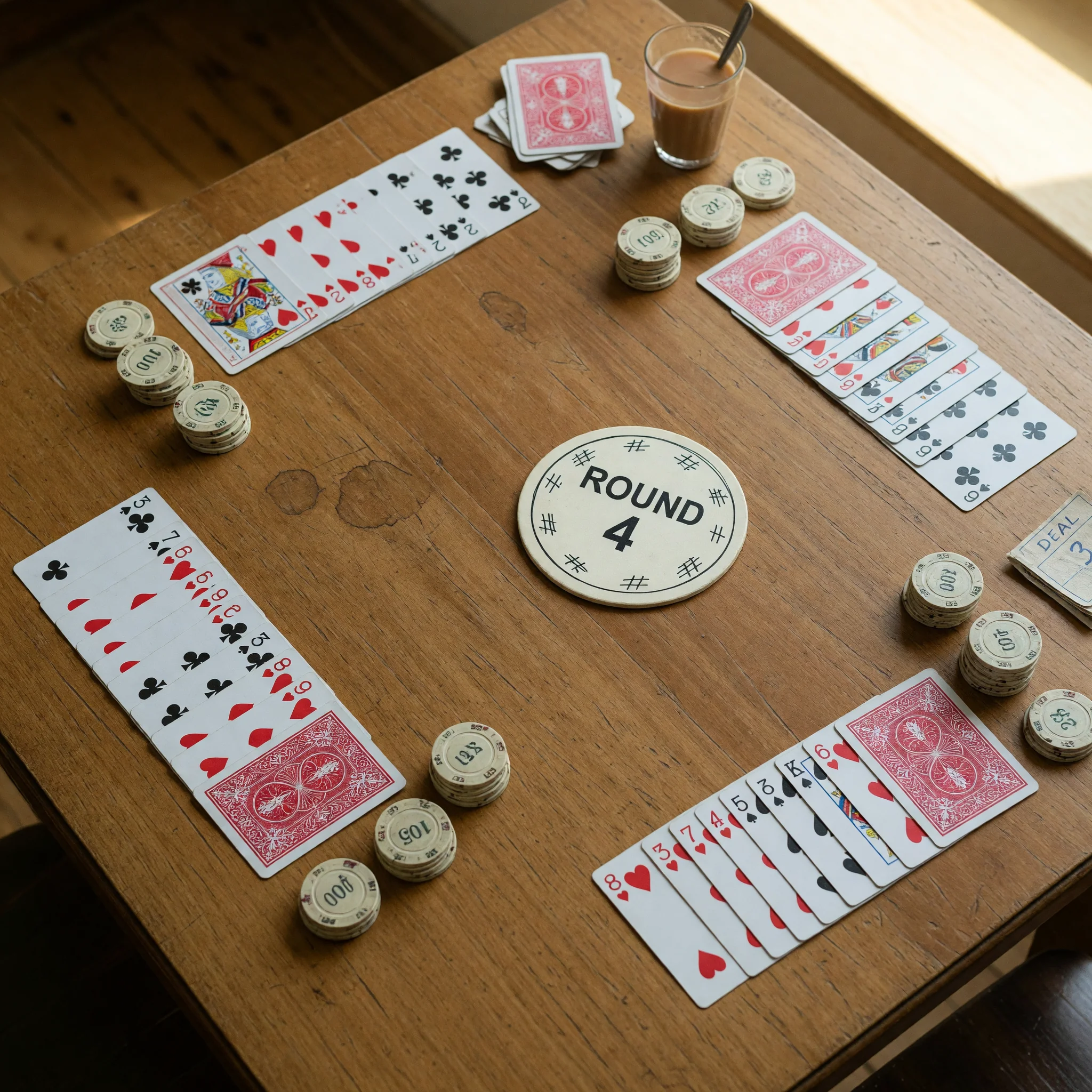 Editorial photograph of a Deals Rummy table setup: pre-dealt cards, fixed-deal chip stack