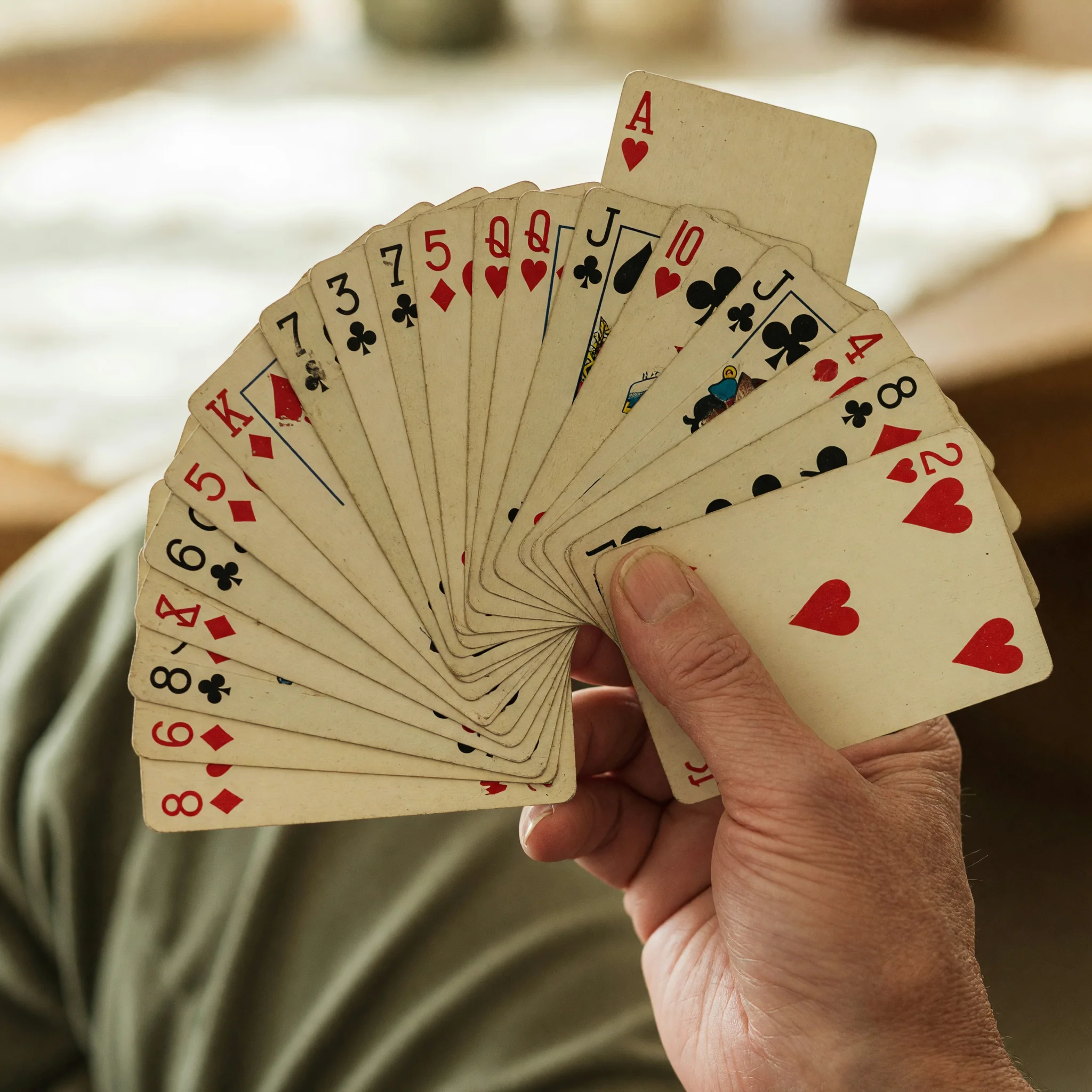 Editorial photograph of a single Points Rummy hand: thirteen cards fanned in a player's hand