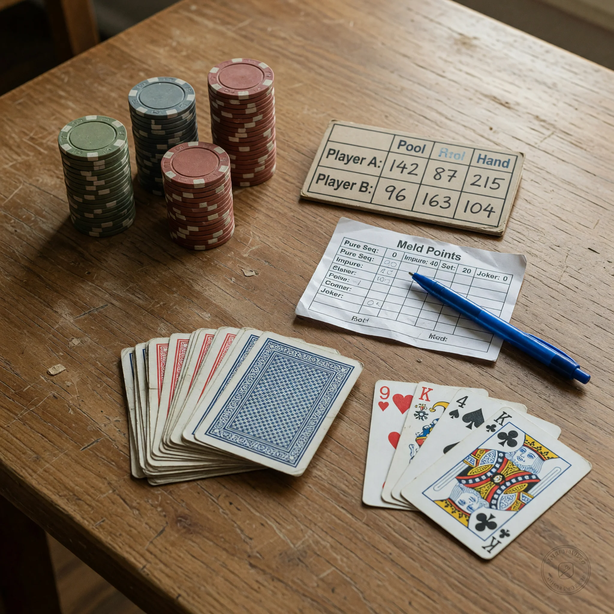 Editorial photograph of a Pool Rummy table setup: chips, scoreboard, meld sheet