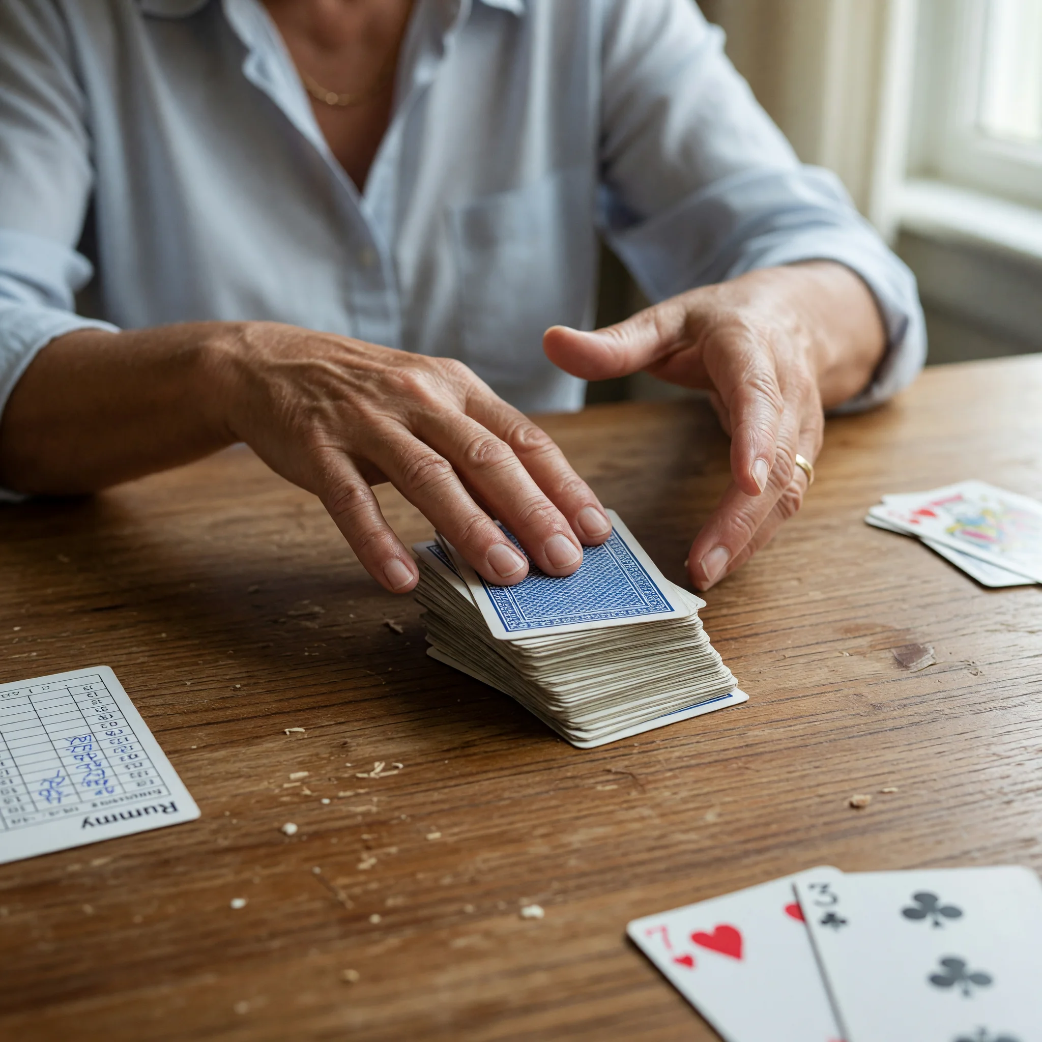 Editorial photograph of a player about to declare, cards face-down ready to show