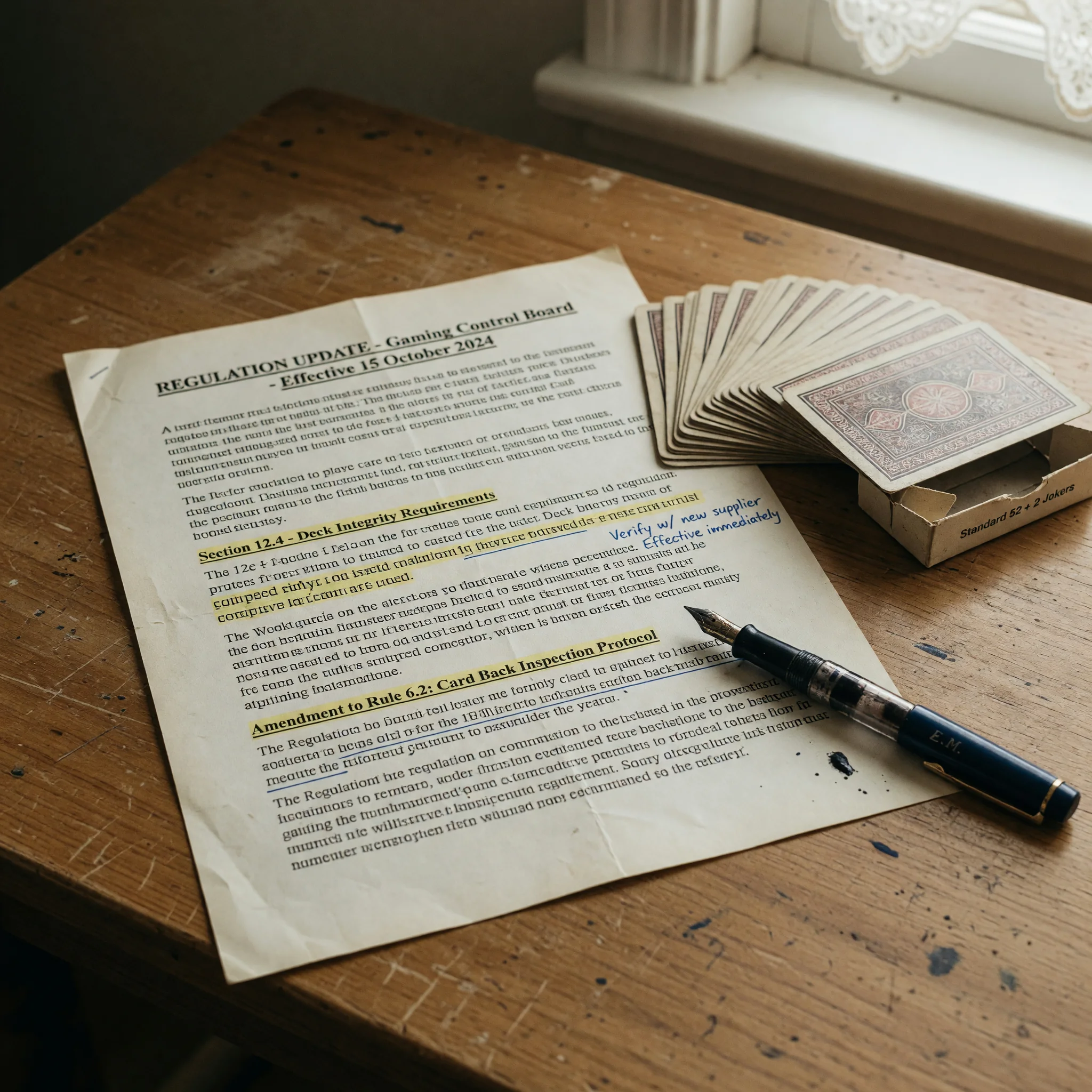 Editorial photograph of a regulation update document beside a leather portfolio