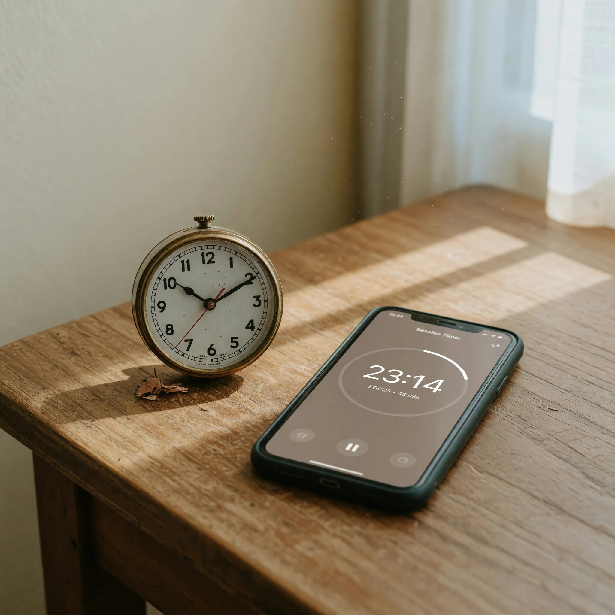 Editorial photograph of a timer running on a phone screen beside a brass bell