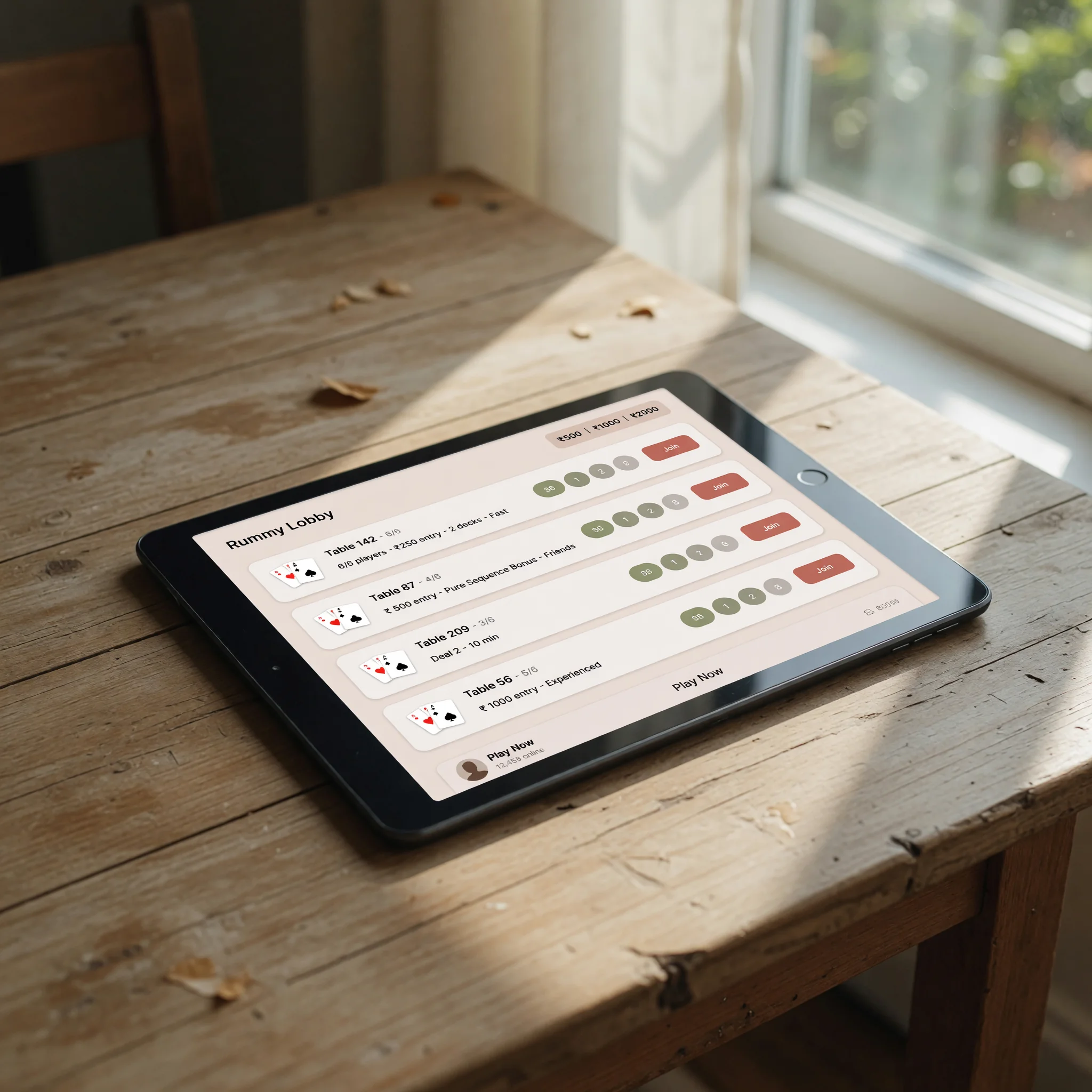 Editorial photograph of a rummy platform lobby interface, soft screen glow
