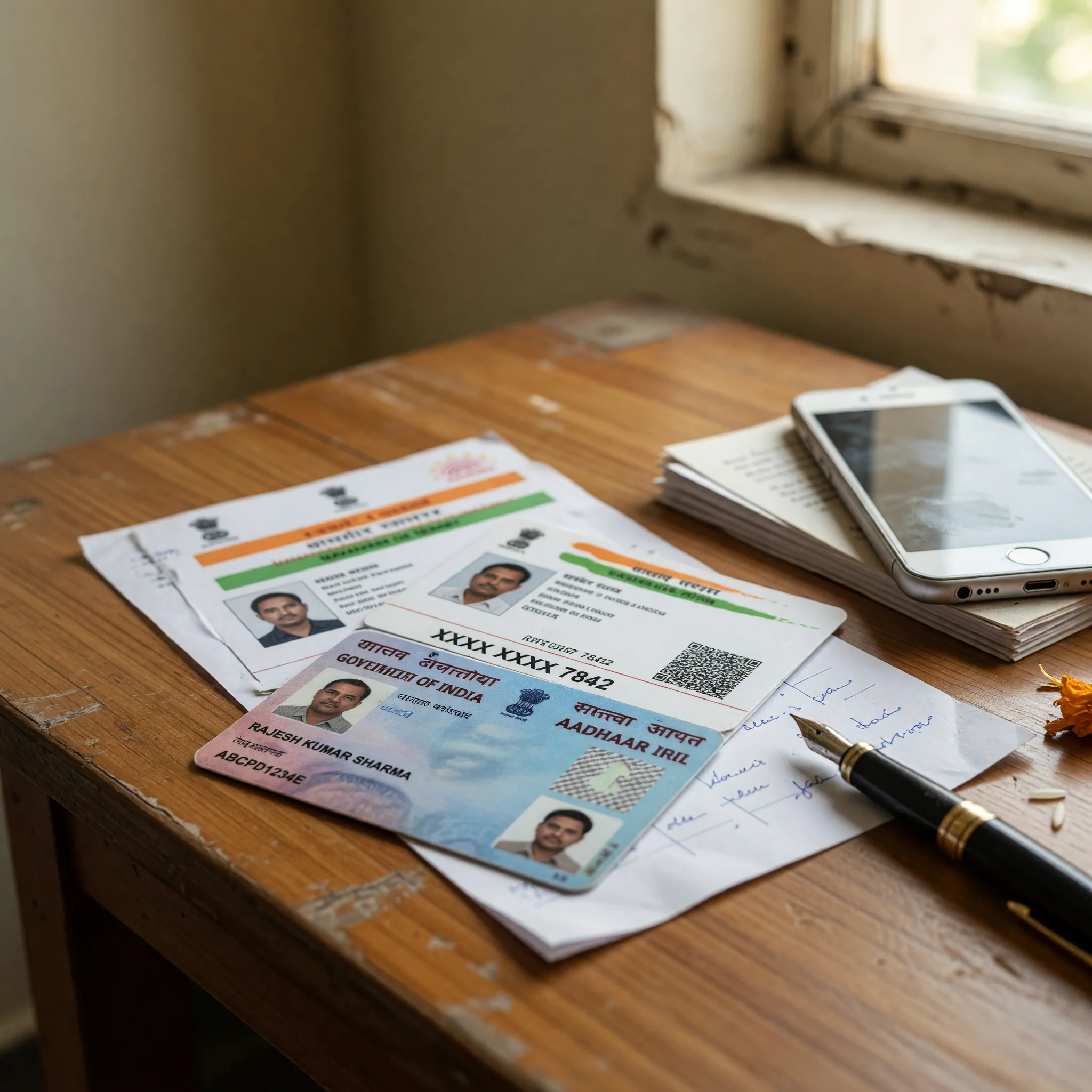 Editorial photograph of a PAN card and an Aadhaar card laid out on a wood desk, soft natural light