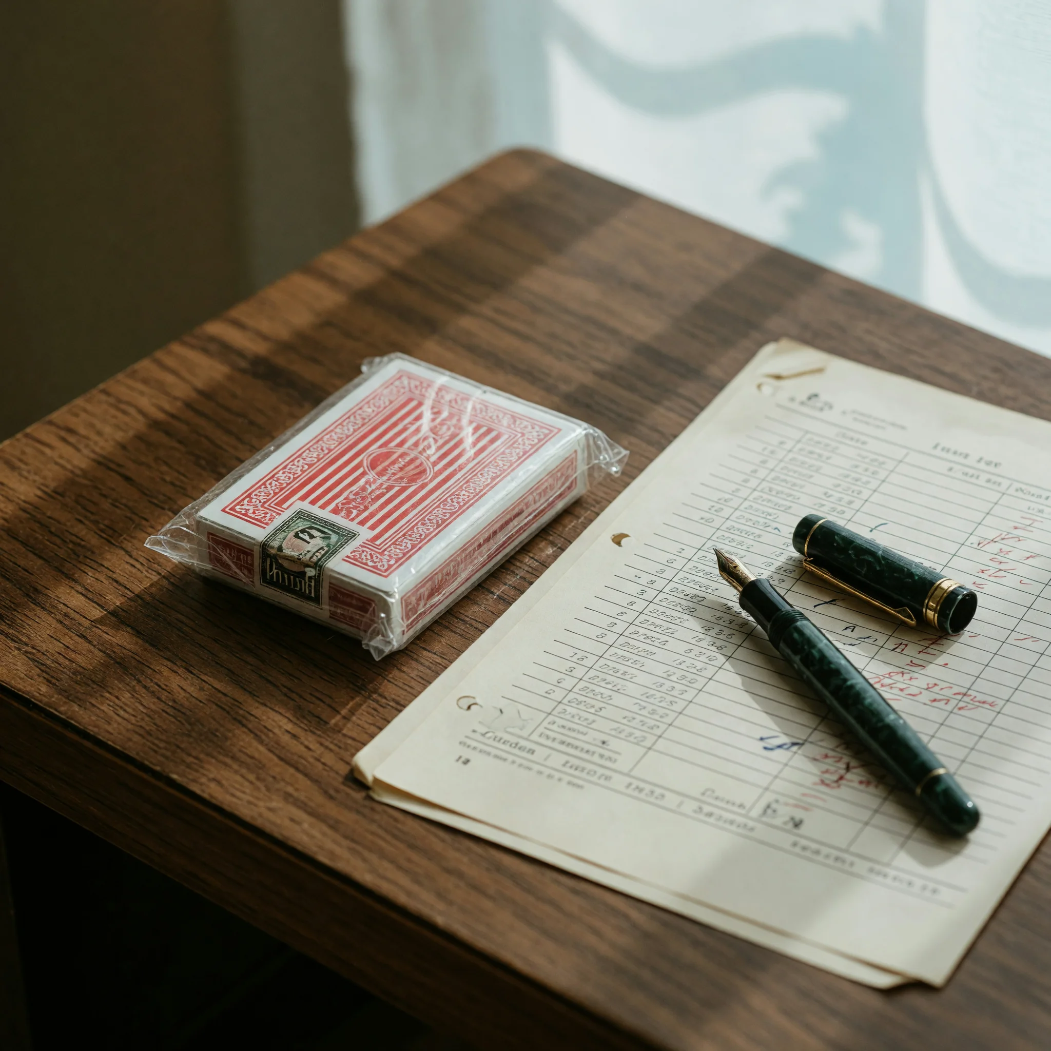 Editorial photograph of a sealed deck of cards beside a magnifying glass, soft daylight