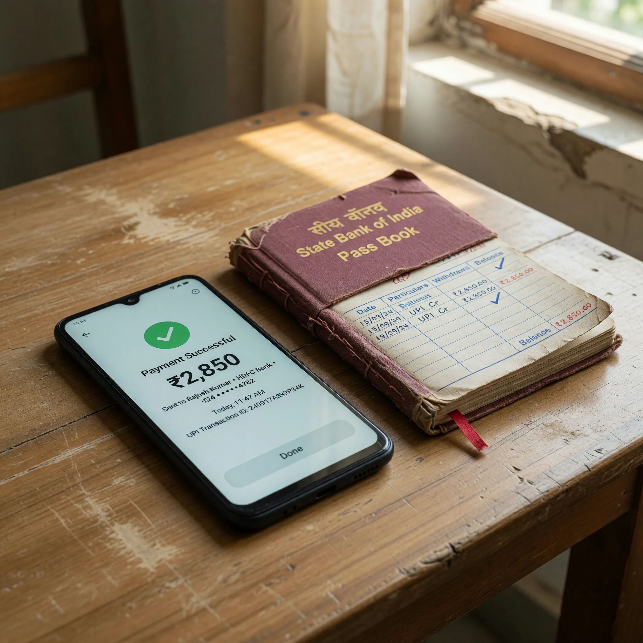 Editorial photograph of a UPI payment confirmation on a phone screen beside a brass pen