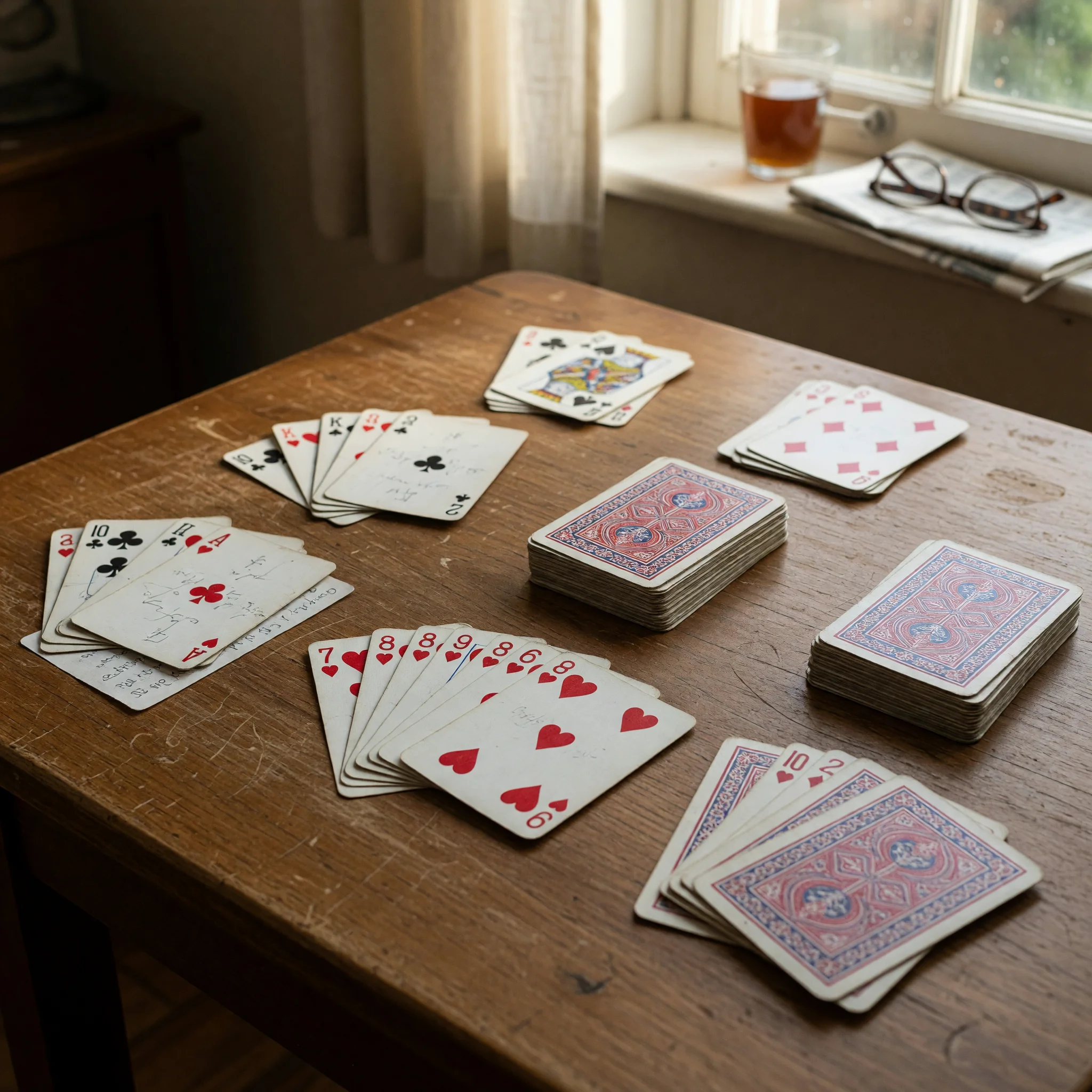 Editorial photograph of a discard pile arranged in groups, illustrating tracking discipline, soft daylight