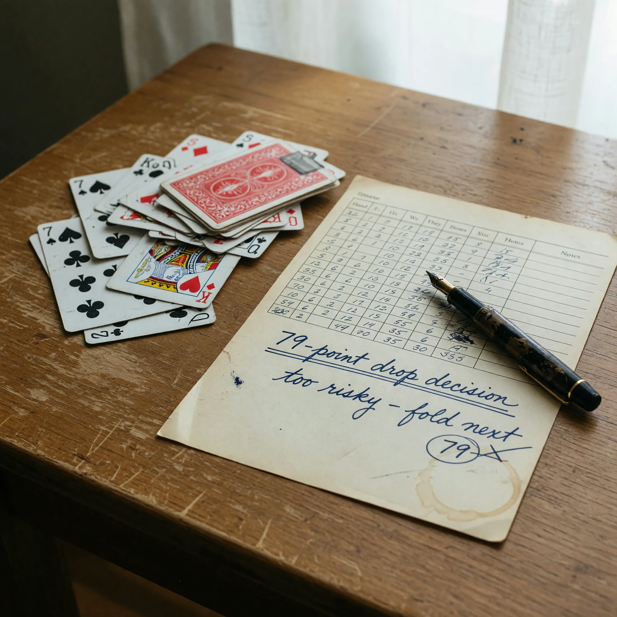 Editorial photograph of a discarded card pile beside a score sheet showing a 79-point drop decision