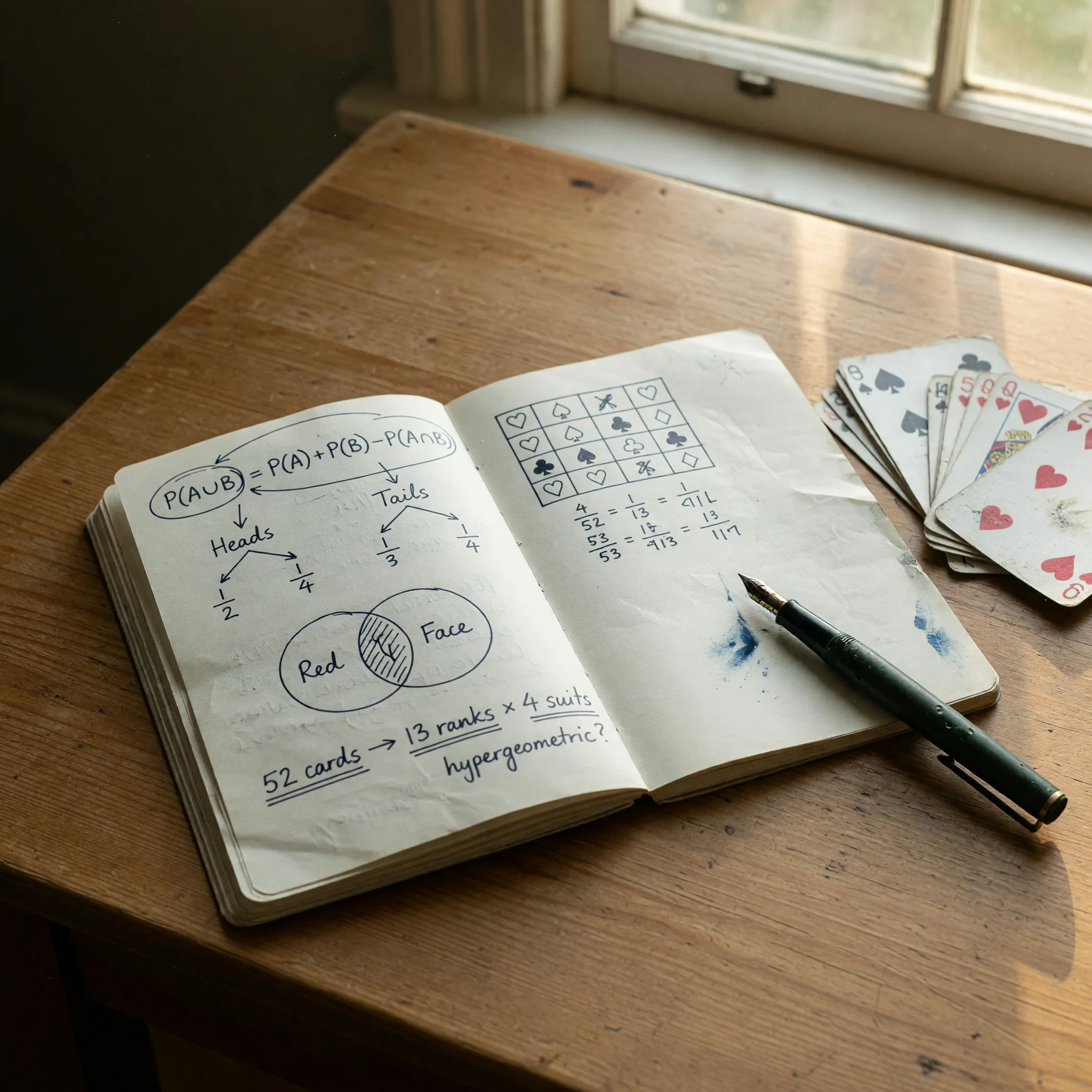 Editorial photograph of a notebook with hand-written probability sketches beside a deck of cards